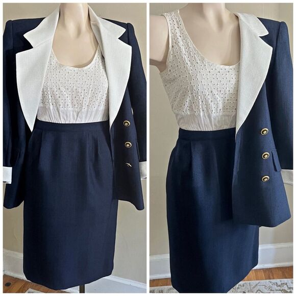 Vintage Dresses & Skirts - Vintage Kasper Navy White Skirt Suit Set Gold Buttons Blazer 80s Size 4